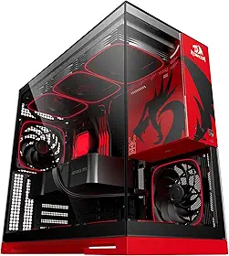 Gabinete Gamer Geometric Future Model 5 Redragon Spec Preto e Vermelho ATX com 5 Fans Plataforma para Action Figures Painéis Vidro Temperado Duplo GEO-M5F-RD