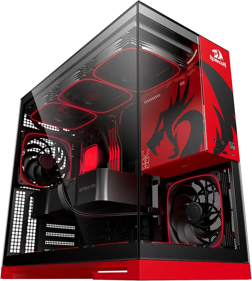 Gabinete Gamer Geometric Future Model 5 Redragon Spec Preto e Vermelho ATX com 5 Fans Plataforma para Action Figures Painéis Vidro Temperado Duplo GEO-M5F-RD