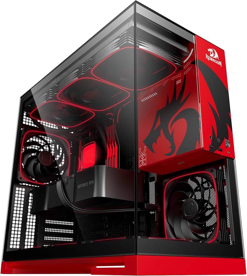 Gabinete Gamer Geometric Future Model 5 Redragon Spec Preto e Vermelho ATX com 5 Fans Plataforma para Action Figures Painéis Vidro Temperado Duplo GEO-M5F-RD