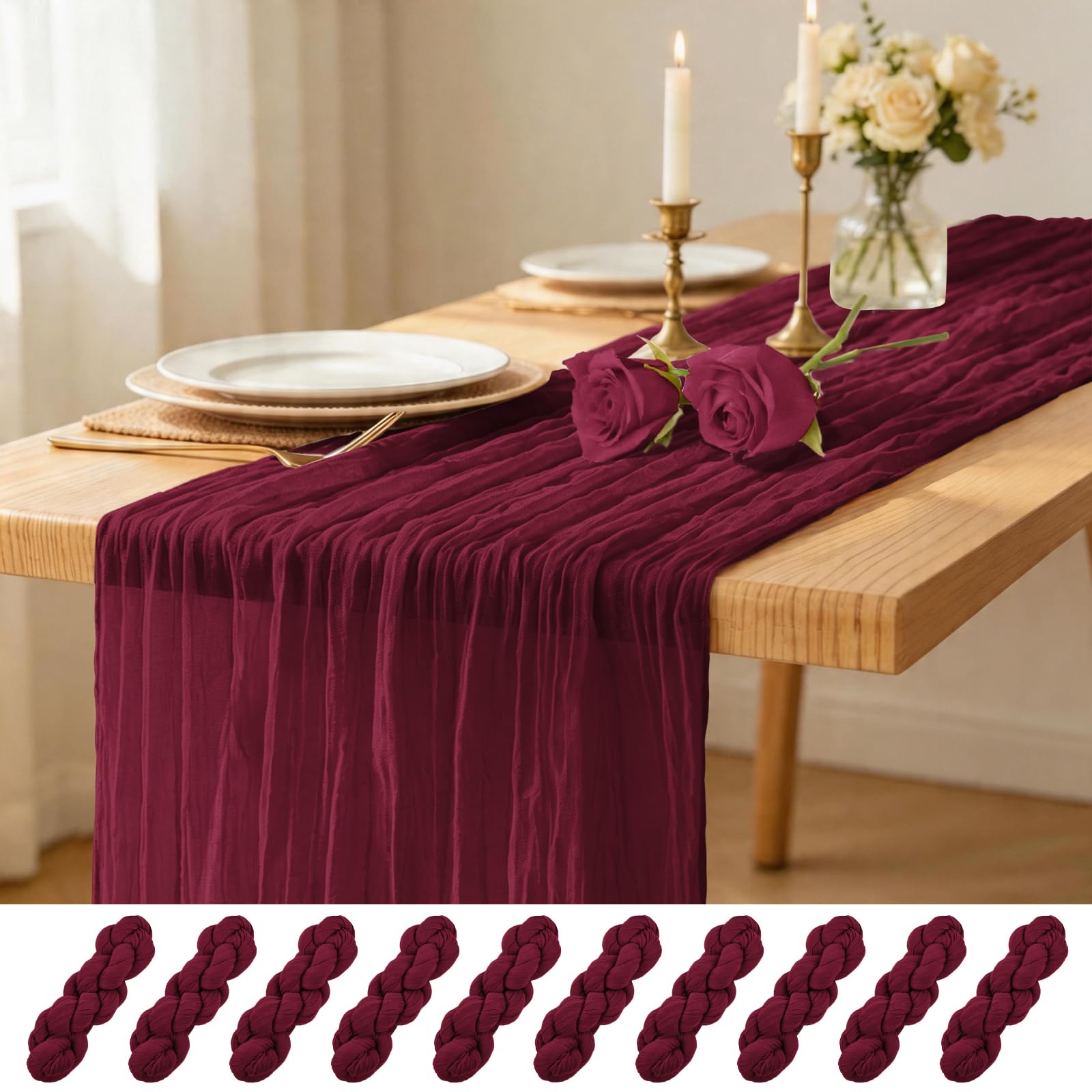 Lumaycens 10PCS Burgundy Table Runner Cheesecloth Table Runner 45x275cm