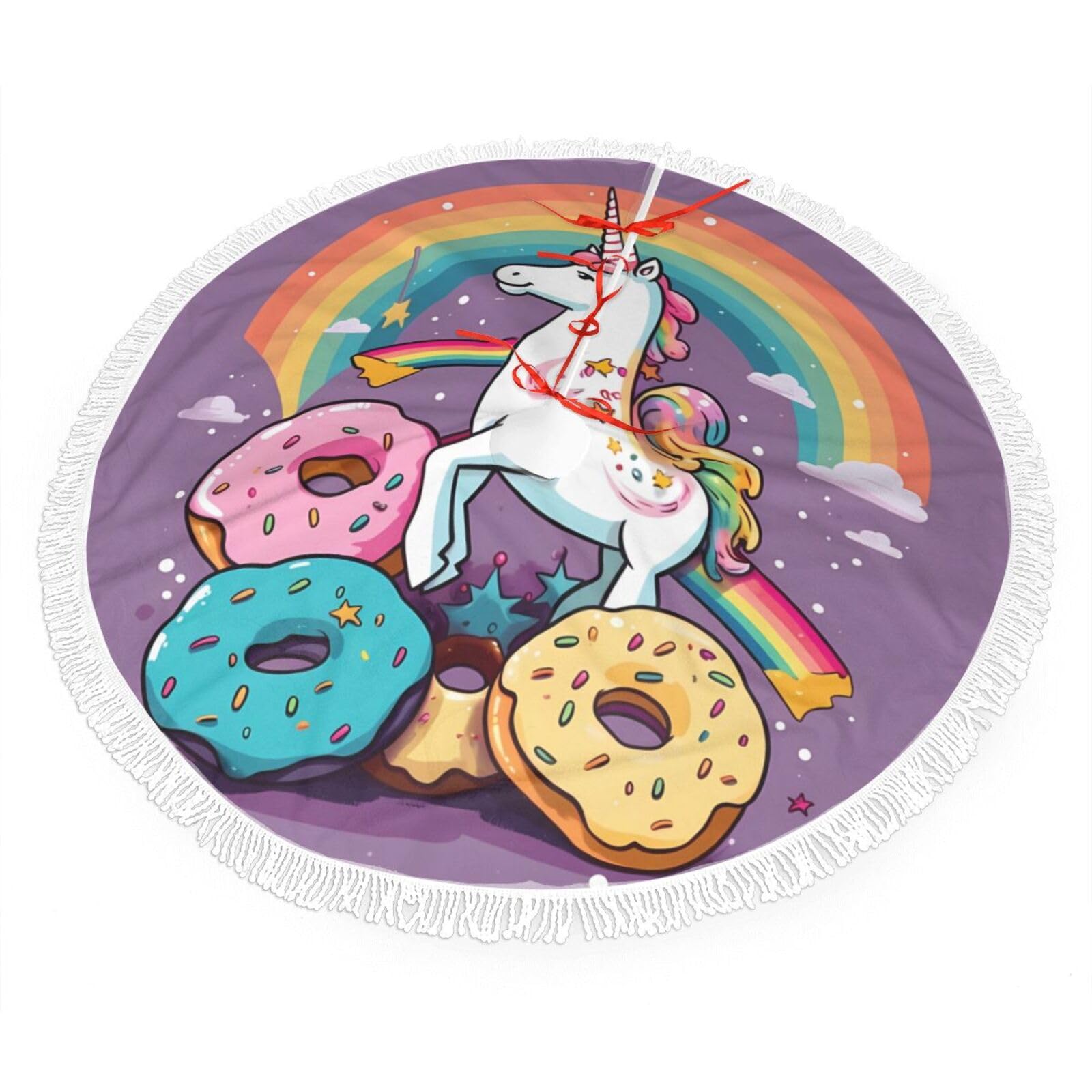 Horse Doughnut Rainbow Christmas Tree Skirt 48", Soft Plush Xmas Tree Carpet with Tassel Christmas Ornaments Winter Holiday Tree Mat Decoration for Home Party Supplies