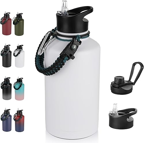 Miniatura 97 de Paquete de 8 botellas de agua deportivas de acero inoxidable con aislamiento de 32 oz, botellas de agua con tapa de pajita y tapas de boca ancha,
