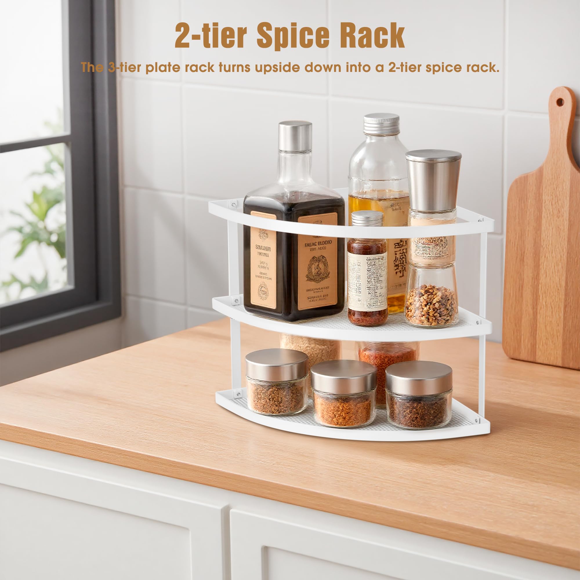 ROFAY 3 Tier Metal Corner Dish Organizer for Kitchen Counter and Cabinet, Corner Shelf for Dishes, Plates, Pantry and Bathroom Storage, White — view 3