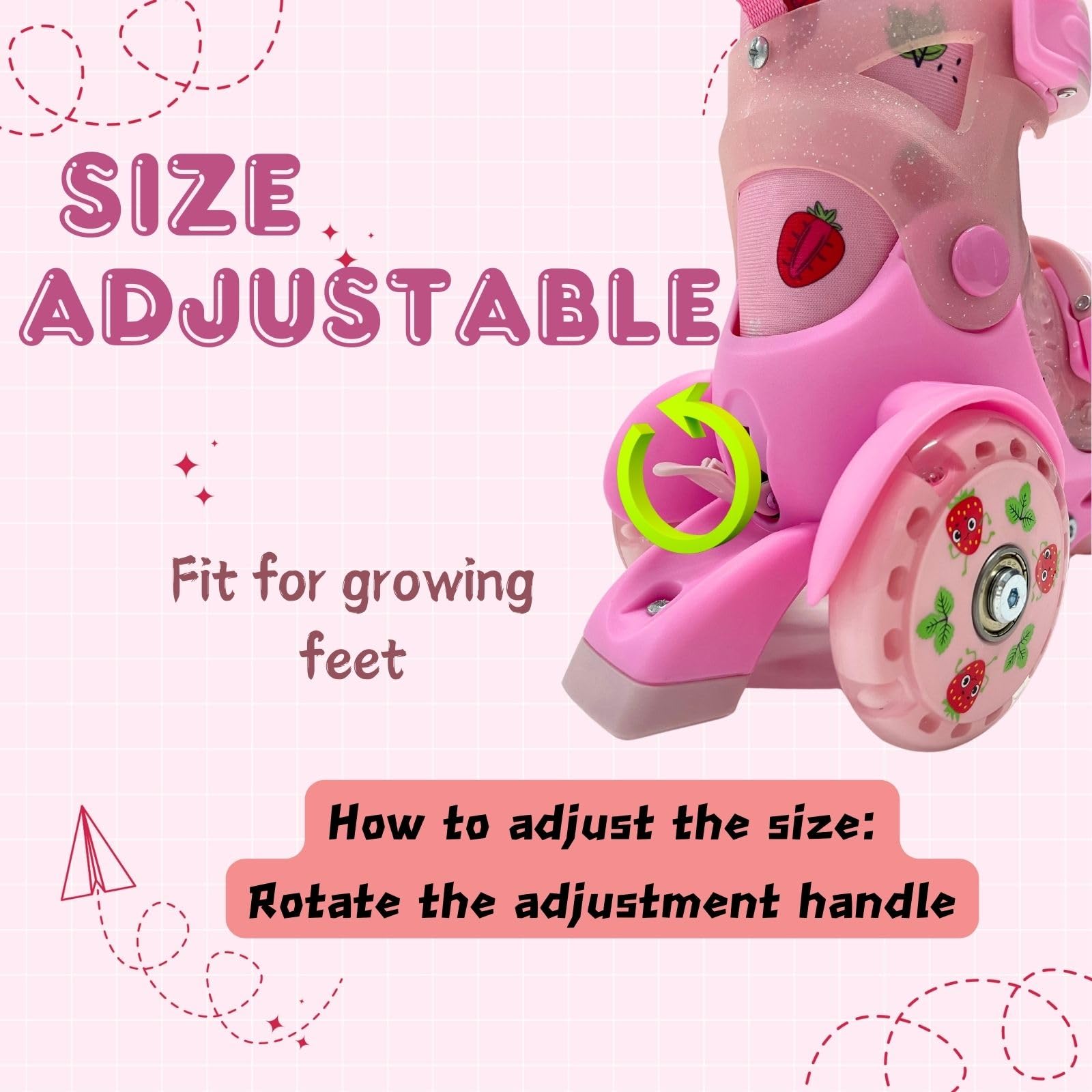 Adjustable Roller Skates for Girls Boys Kids, Fun Illuminating Light up Flash Wheels, 3-Point Type Balance with Wheel Locker Design for Beginner Age 5-8 (Pink, S)