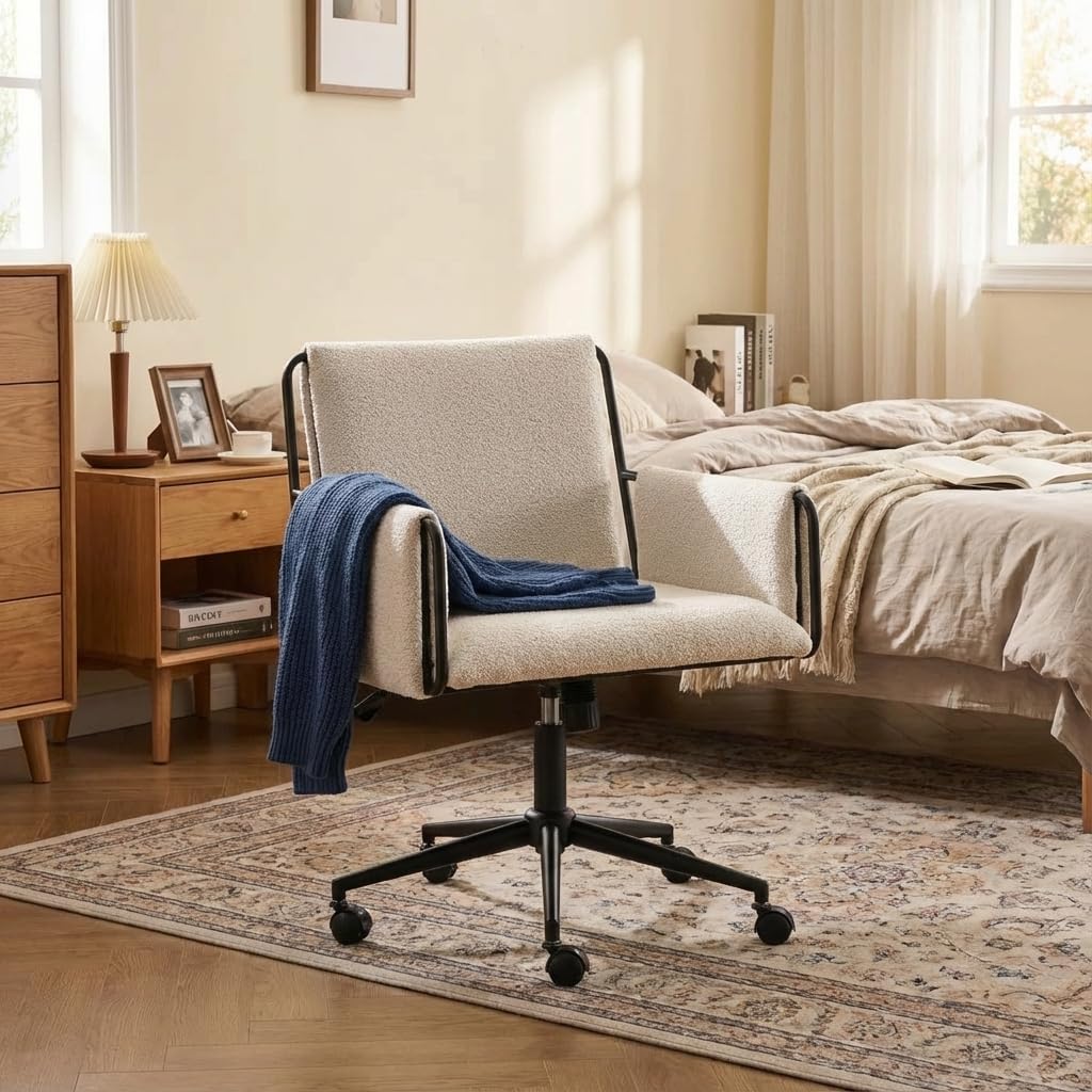 YOUNIKE Wide Seat Home Office Chair with Arms Modern Desk Chair with Wheels Fabric Vanity Chairs with Comfy Back Cross Legs Adjustable Swivel Rolling Computer Task Chair for Study Bedroom Makeup Beige