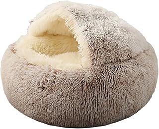 KWEWIK Cat Bed Round Soft Plush Burrowing Cave Hooded Cat Bed Donut for Dogs & Cats, Faux Fur Cuddler Round Comfortable Se...