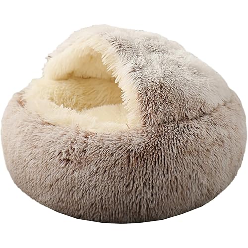 Cat Bed Round Soft Plush Burrowing Cave Hooded Cat Bed Donut for Dogs & Cats, Faux Fur Cuddler Round Comfortable Self Warming pet Bed, Machine Washable, Waterproof Bottom, Medium, Coffee