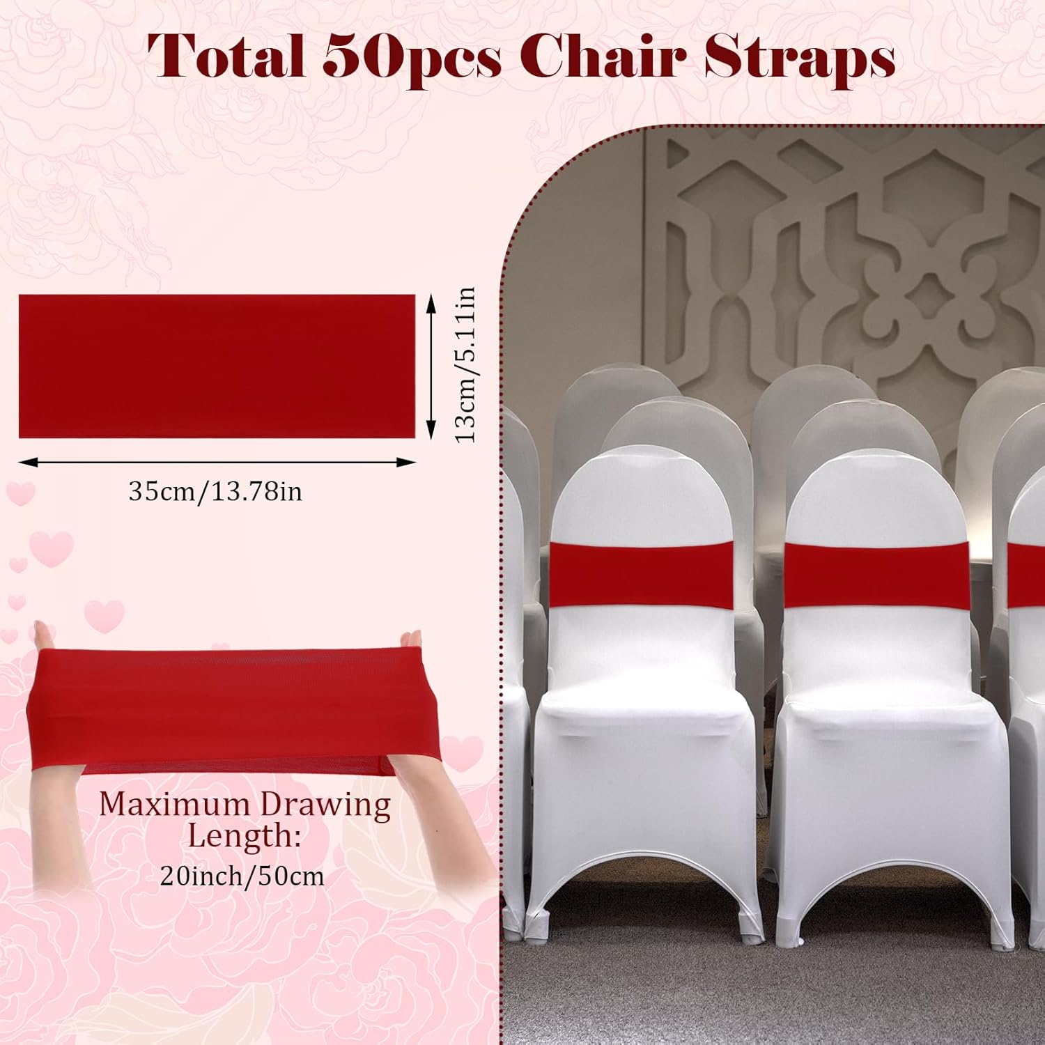 JIEYAO 50 Pcs Red Chair Sashes, Bows Chair Bands, Elastic Chair Cover Bands Ties Universal Slider Sashes for Chair Without Buckle Chair Decorations for Wedding Party Events Ceremony Birthday