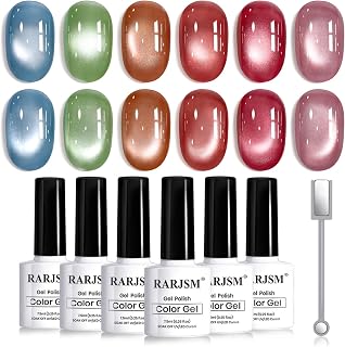 RARJSM Ceramic Cat Eye Gel Nail Polish Set 6 Pcs Smoothie Silver Glitter Shimmer Amber Jelly Sheer Green Blue Orange Wine Red Velvet Cateye Gel Polish with Magnetic Stick UV LED Curing Require Winter