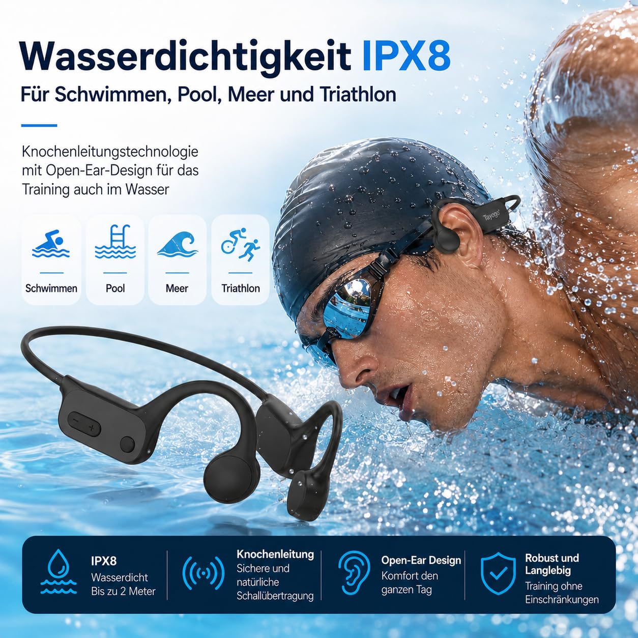 Tayogo Knochenschall Kopfhörer Schwimmen IPX8, Wasserdichter MP3 Player 32GB mit Bluetooth 5.4, Open-Ear Sport Kopfhörer mit Mikrofon, Schwimmkopfhörer für Pool, Meer, Triathlon, Laufen, Fitness, W26