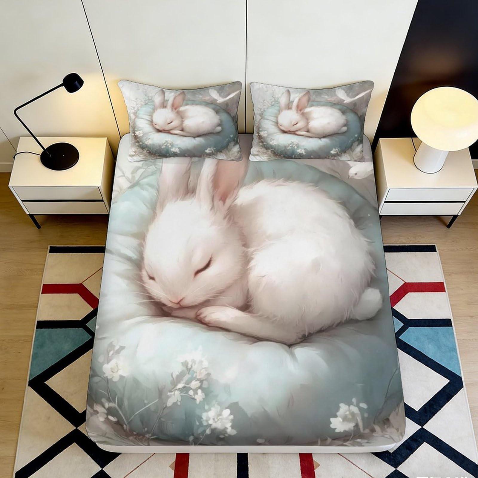 3D Printed Sleeping Rabbit Fitted Sheet Microfiber Soft Decorative Bunny Bed Cover for Bedroom Guest Room Dorm 90x200x25cm