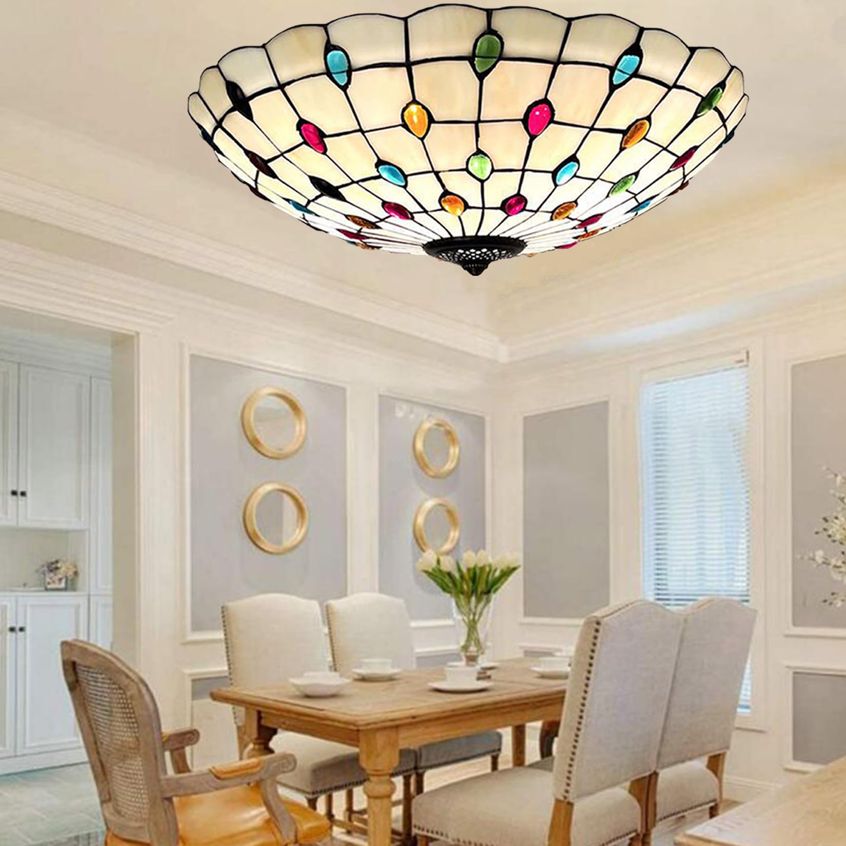 Klasyczna turecka lampa sufitowa śródziemnomorska, marokańskie witrażowe rękodzieło z kutą podstawą, lampa wisząca LED do salonu, sypialni, kuchni, jadalni, kolorowa, 40 cm