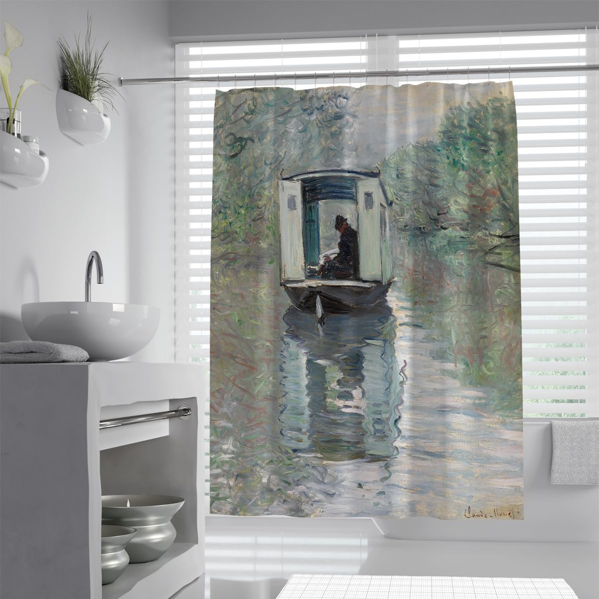 UIRINGART Claude Monet Studio Boat Shower Curtain W200xL220cm Impressionism Vintage River Reflection Trees Landscape Anti Mould Mildew Resistant Waterproof Fabric Bathroom Curtains with Hooks