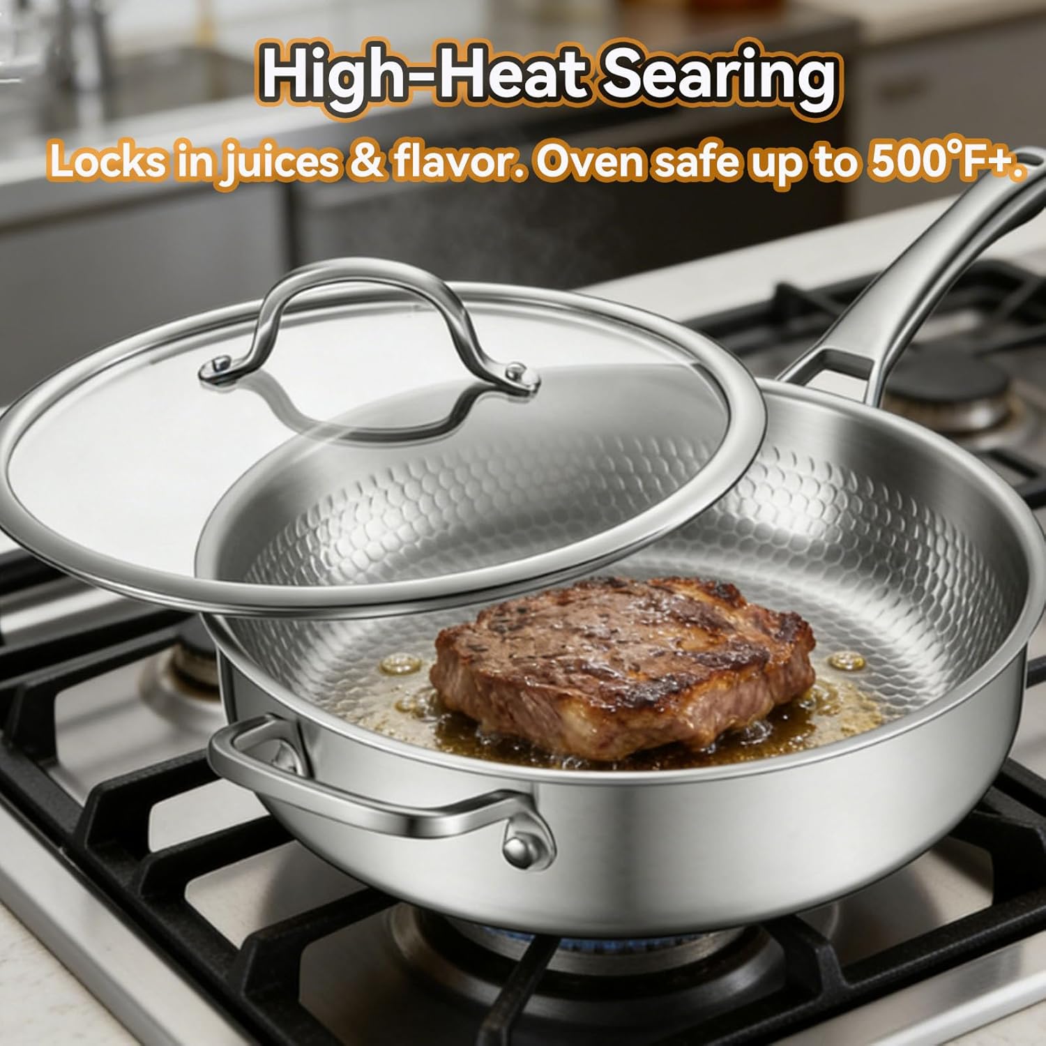 Titanium Frying Pan with Lid, Uncoated Hammered Deep Skillet for Cooking, PFAS/PFOA/PTFE Free Nonstick Cookware, Scratch Resistant, for Induction & Gas, Oven, Dishwasher Safe,11.02in