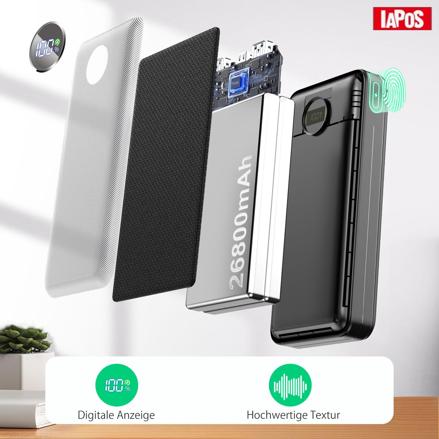 Power Bank, 26800mAh Powerbank, Externe Handyakkus 22.5W USB-C PD3.0 & QC4.0 Schnellladen, Tragbares Ladegerät mit LED Display, Kompatibel mit iPhone 17, 16, 15, 14, 13, 12, Samsung