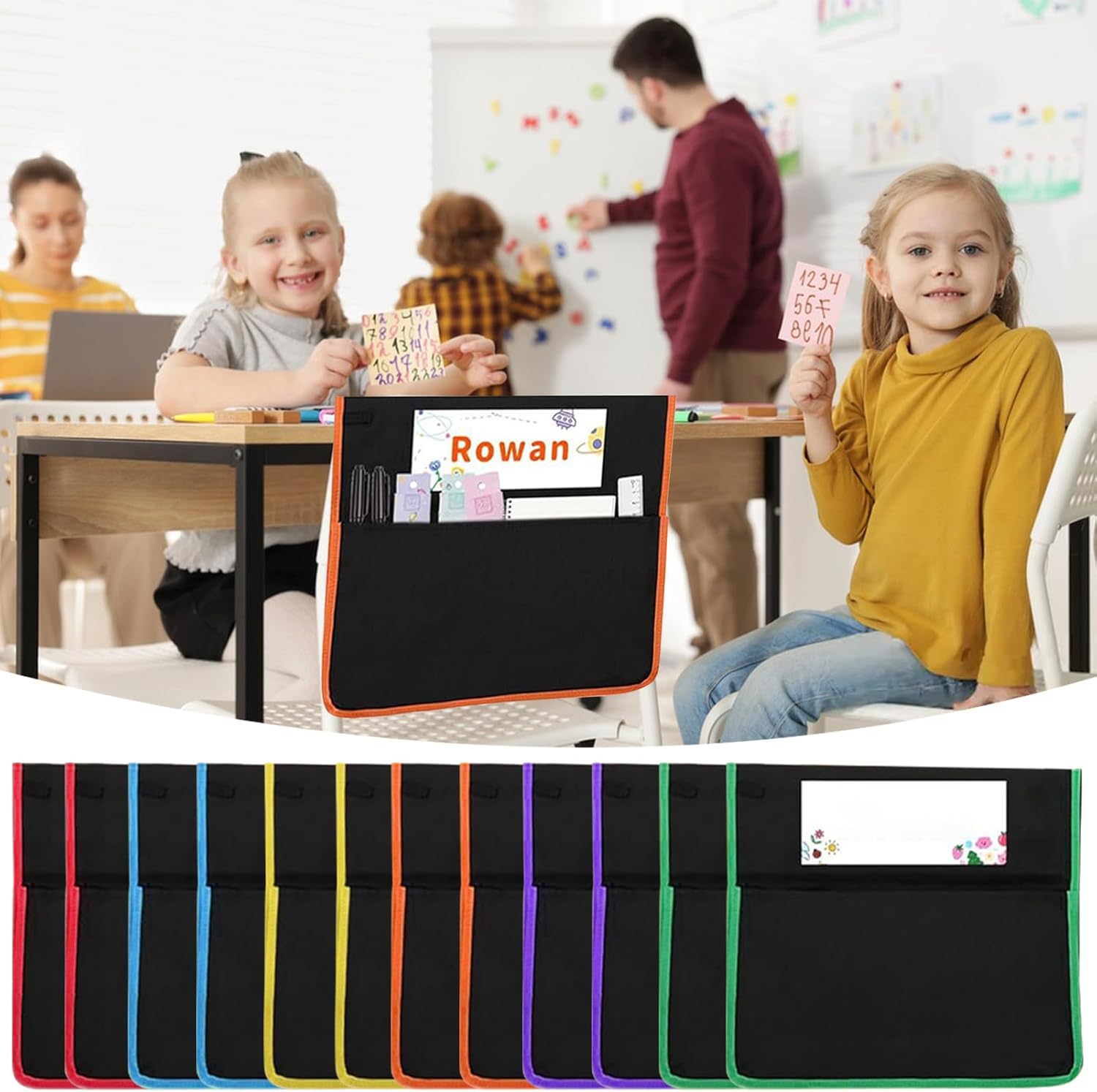 教室の椅子用シートサック デスクチェア バックポケットオーガナイザー ネームタグ付き - 900D オックスフォード生地 学用品 整