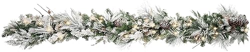 Miniatura 6 de Haute Decor Guirnalda de Navidad preiluminada de 6 pies Snowfall Creek con 60 luces LED blancas suaves y piñas reales