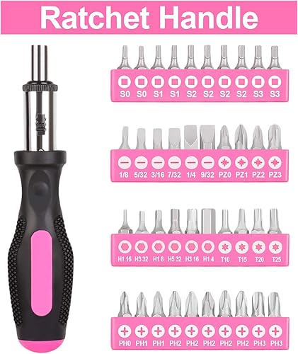 Vista 5 de THINKWORK Juego de herramientas rosa de 122 piezas con destornillador eléctrico giratorio de 3.6 V, kit de herramientas para el hogar para mujeres