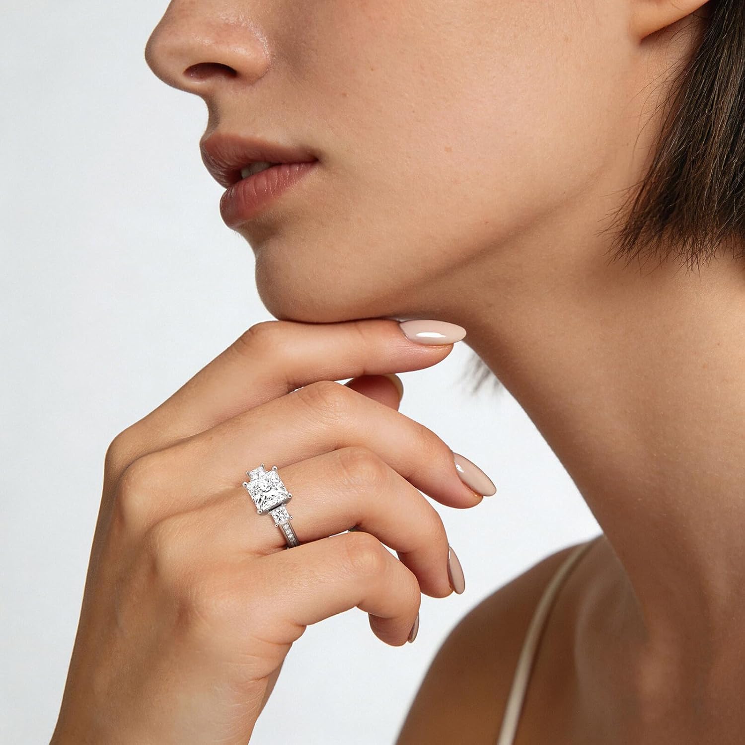 MSBLUE® Three Princess Cut Moissanite Engagement Ring with Pave, 14K Gold Vermeil, Rhodium Finish - Image 4