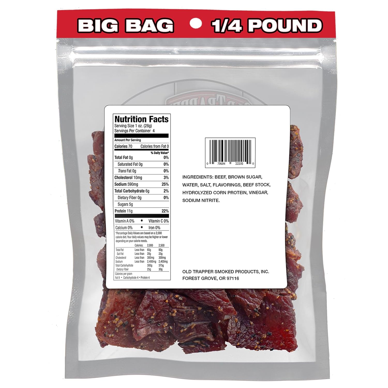 Old Trapper Beef Jerky, Peppered 1/4-Pound Individual Package, Spicy Meat Snacks for Lunches or Between Meals, 11 Grams of Protein, Zero Grams of Fat, 70 Calories per Serving (Pack of 8)