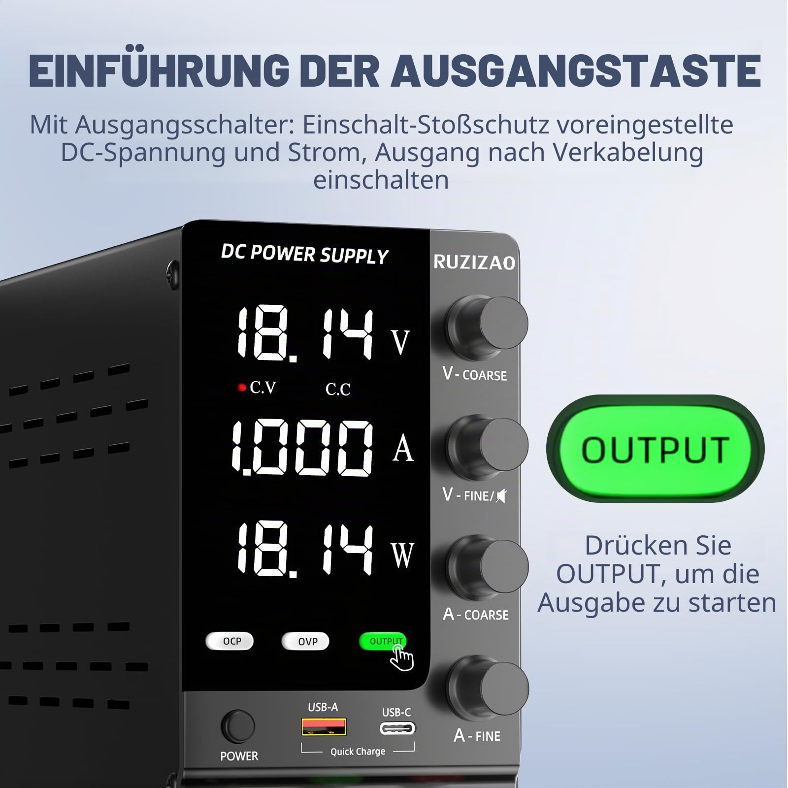 Labornetzteil 120V 3A, Einstellbares Labornetzgerät mit OCP/OVP, Ausgangsschalter und Encoderregelung, DC-Schaltnetzteil 18W USB-A/Typ-C Schnellladeschnittstelle/Prüfung/Wartung/Galvanik