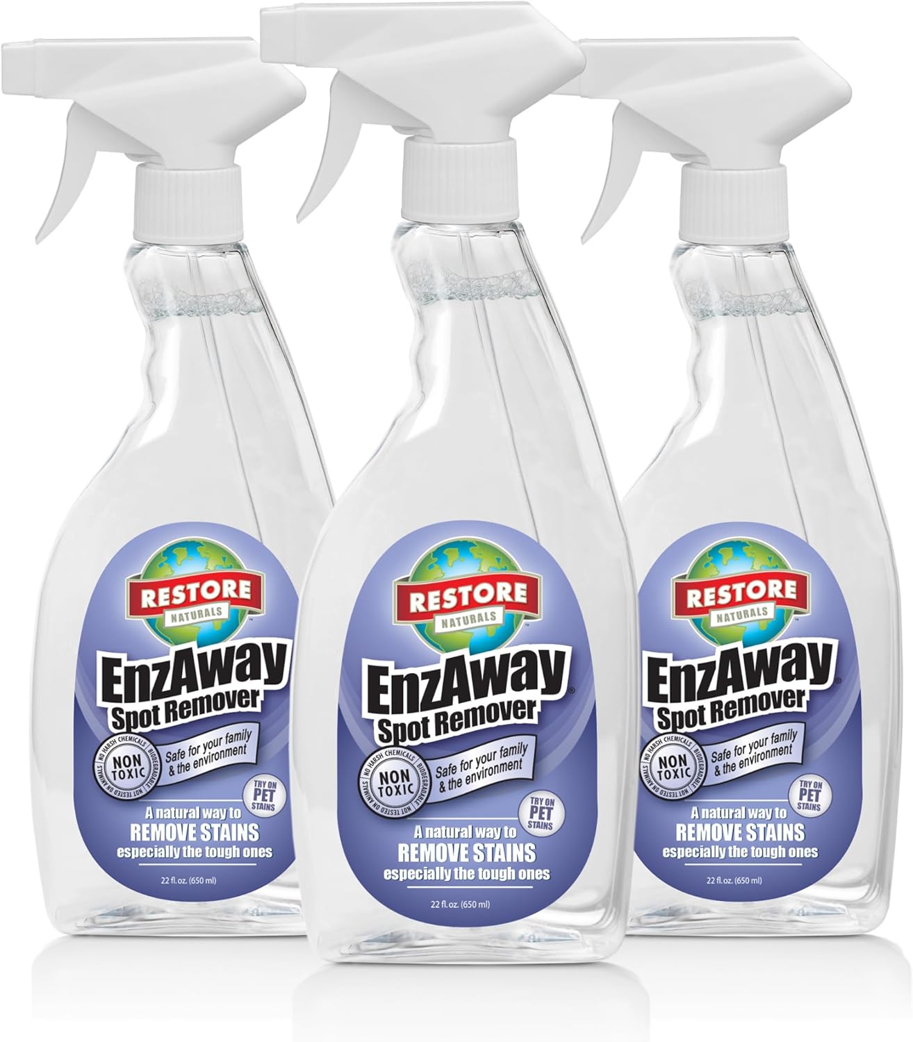 Restore Naturals Enzaway Carpet Spot Cleaner - 22oz - Pet Stain Remover Spray for Carpet - Gentle, Non-Toxic Stain Remover | Cruelty-Free | Made in USA - 3 Pack