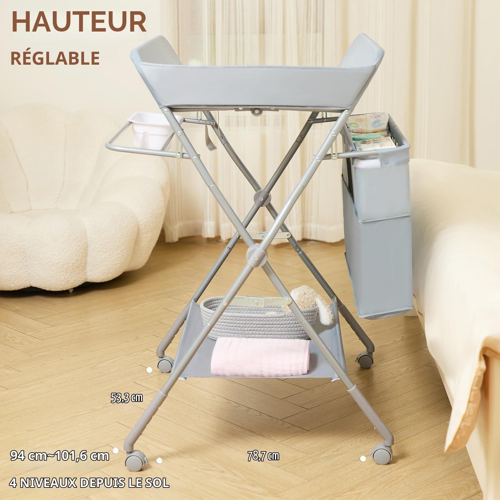 KARAOK Table à langer pliable avec roulettes, station à langer portable avec grand sac de rangement et hauteur réglable à 4 niveaux pour nouveau-né, nourrisson