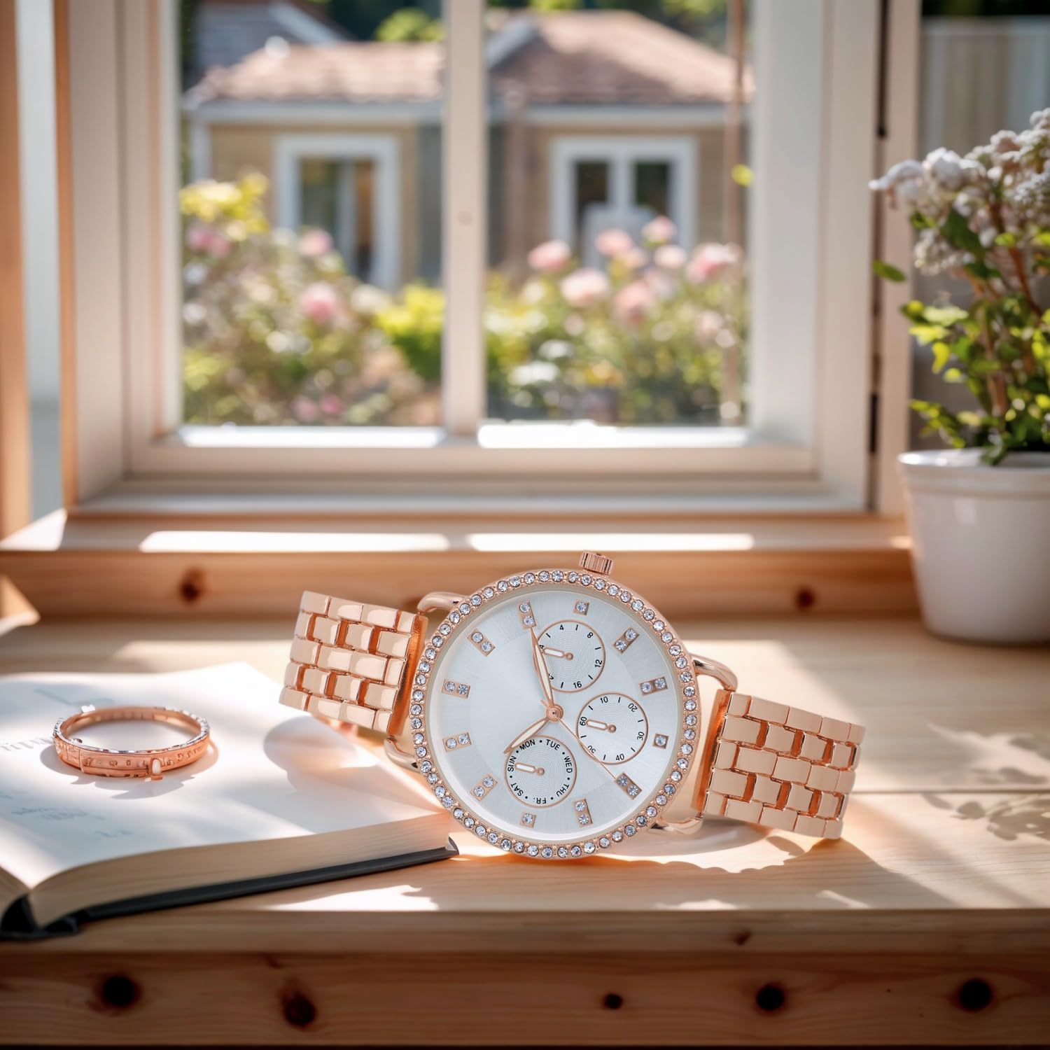 COMTEX Orologio da donna con movimento al quarzo, cinturino intrecciato in oro rosa con decorazione in cristallo, quadrante finto a tre occhi, Oro rosa, Moderno