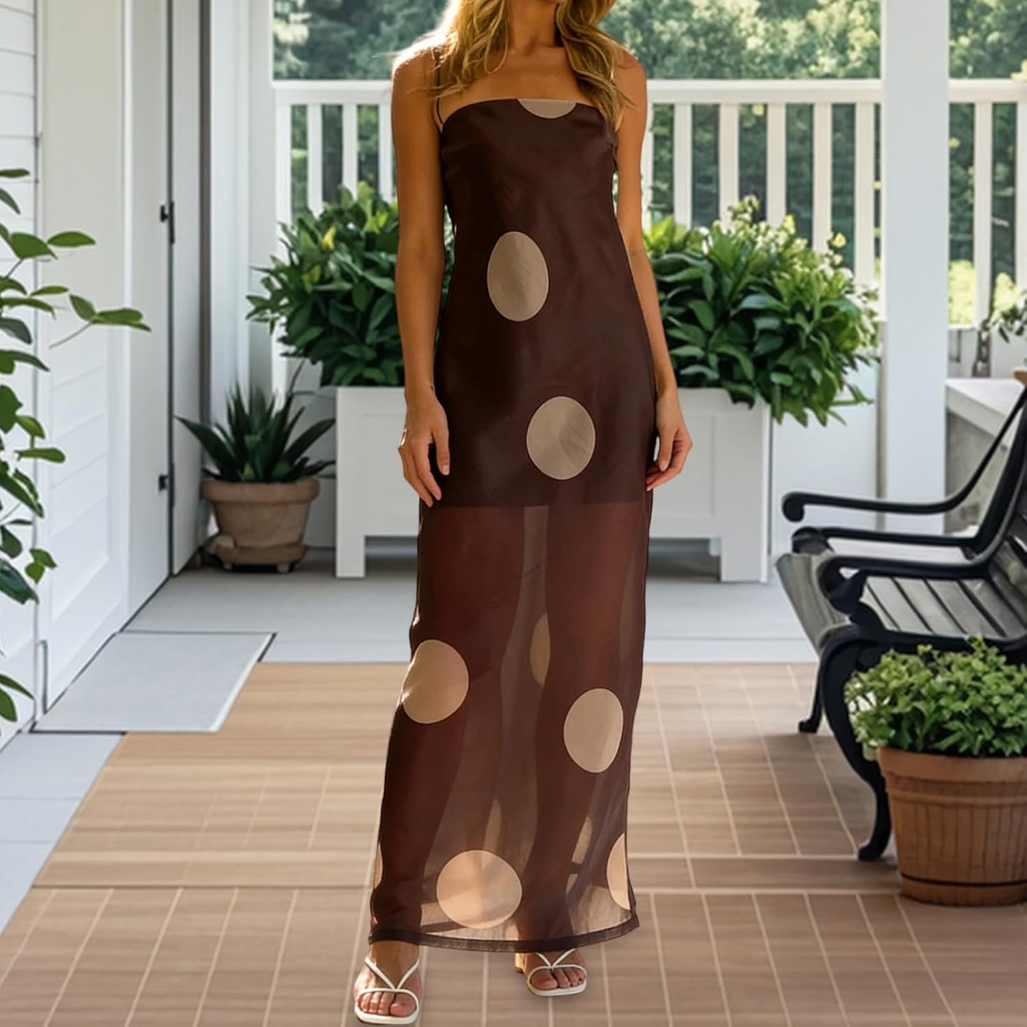 Muineobuka Women Polka Dot Elegant Long Dress Square Neck Spaghetti Strap Sheer Mesh Slim Maxi Dresses - Image 3