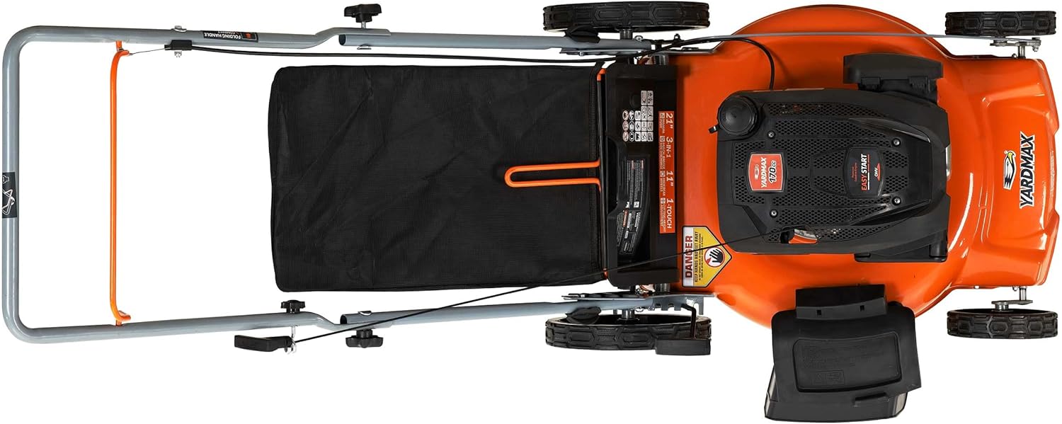 YARDMAX lawn mower folded for compact storage
