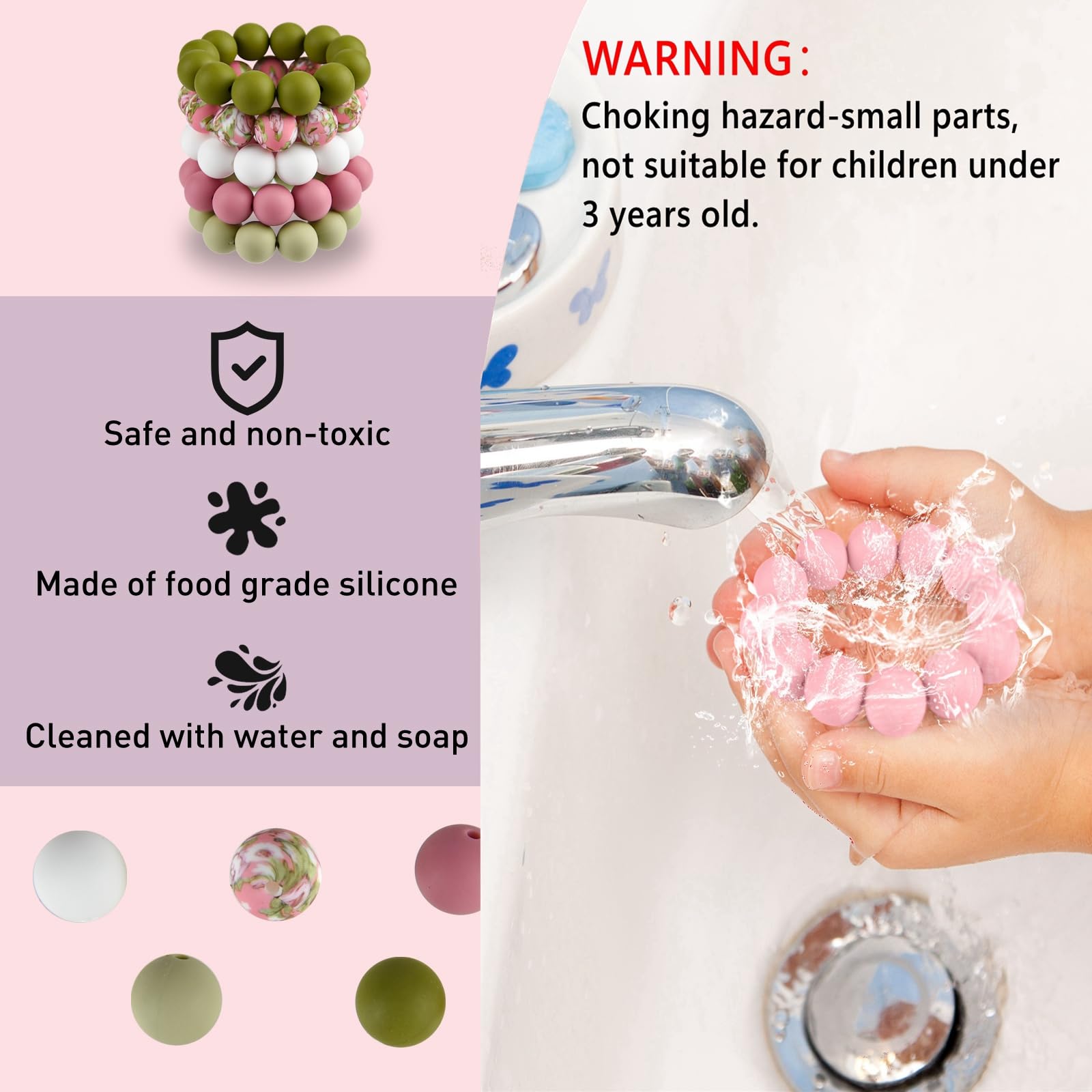 ASTARON 100 Pcs 15mm Silicone Beads for Keychain Making Pink Green White Round Beads for Bracelets Crafts Beadable Pens Decorations Jewelry Making Party Favors Supplies - Image 2