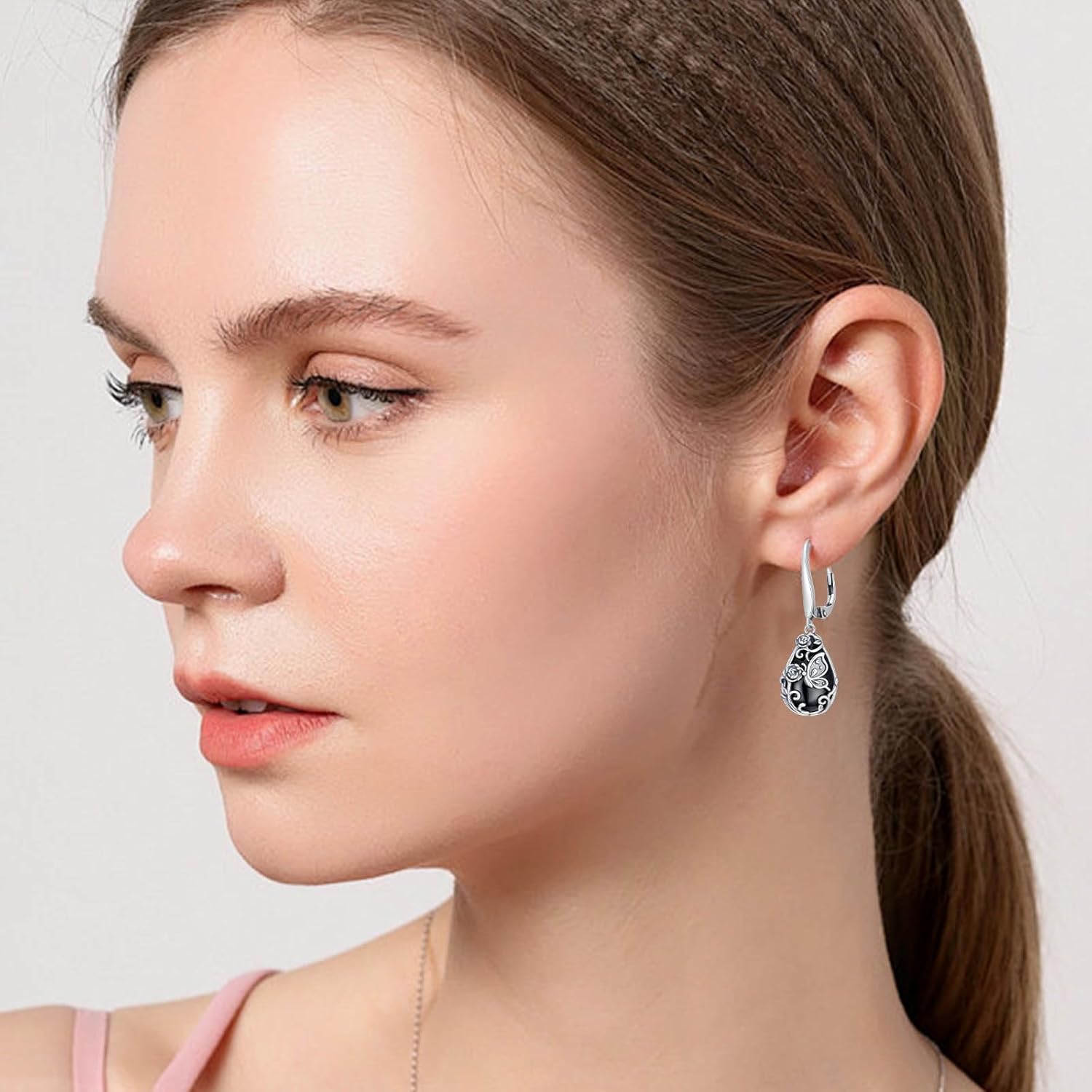Black Onyx Earrings 925 Sterling Silver Flower Insect Filigree Dangle Earrings Teardrop Onyx Jewelry Birthday Gifts for Women - Image 3