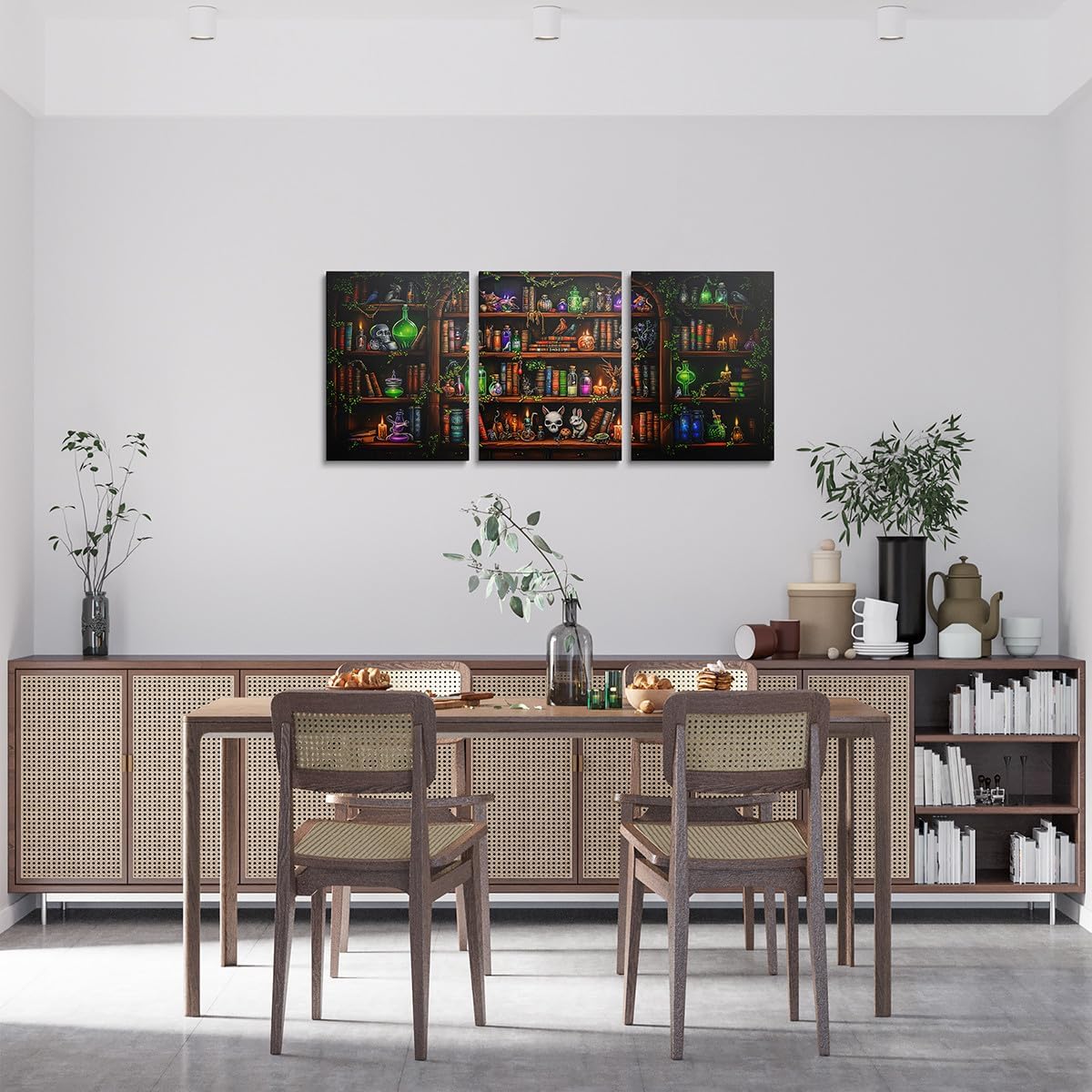 Erosebridal Magical Bookcase Canvas Wall Art Set of 3,Chemistry Lab Bookshelf Pictures Wall Decor,Hippie Spooky Halloween Skull Poster Prints for Bedroom Living Room Home Decor