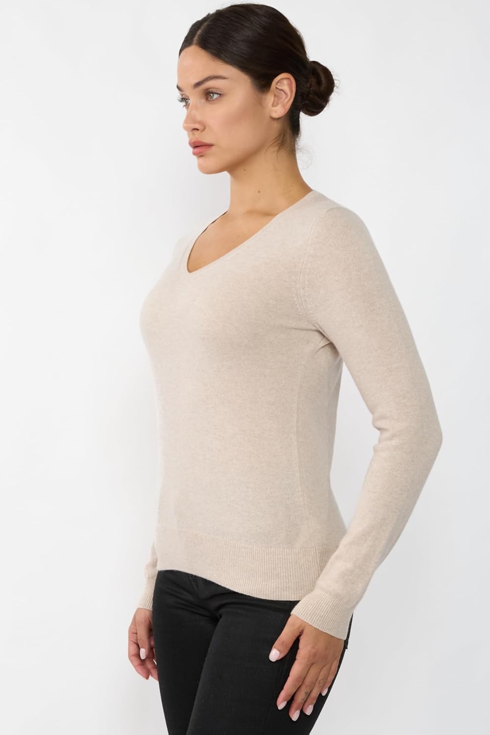 JENNIE LIU Women's 100% Pure Cashmere Long Sleeve Pullover V Neck Sweater - Image 2