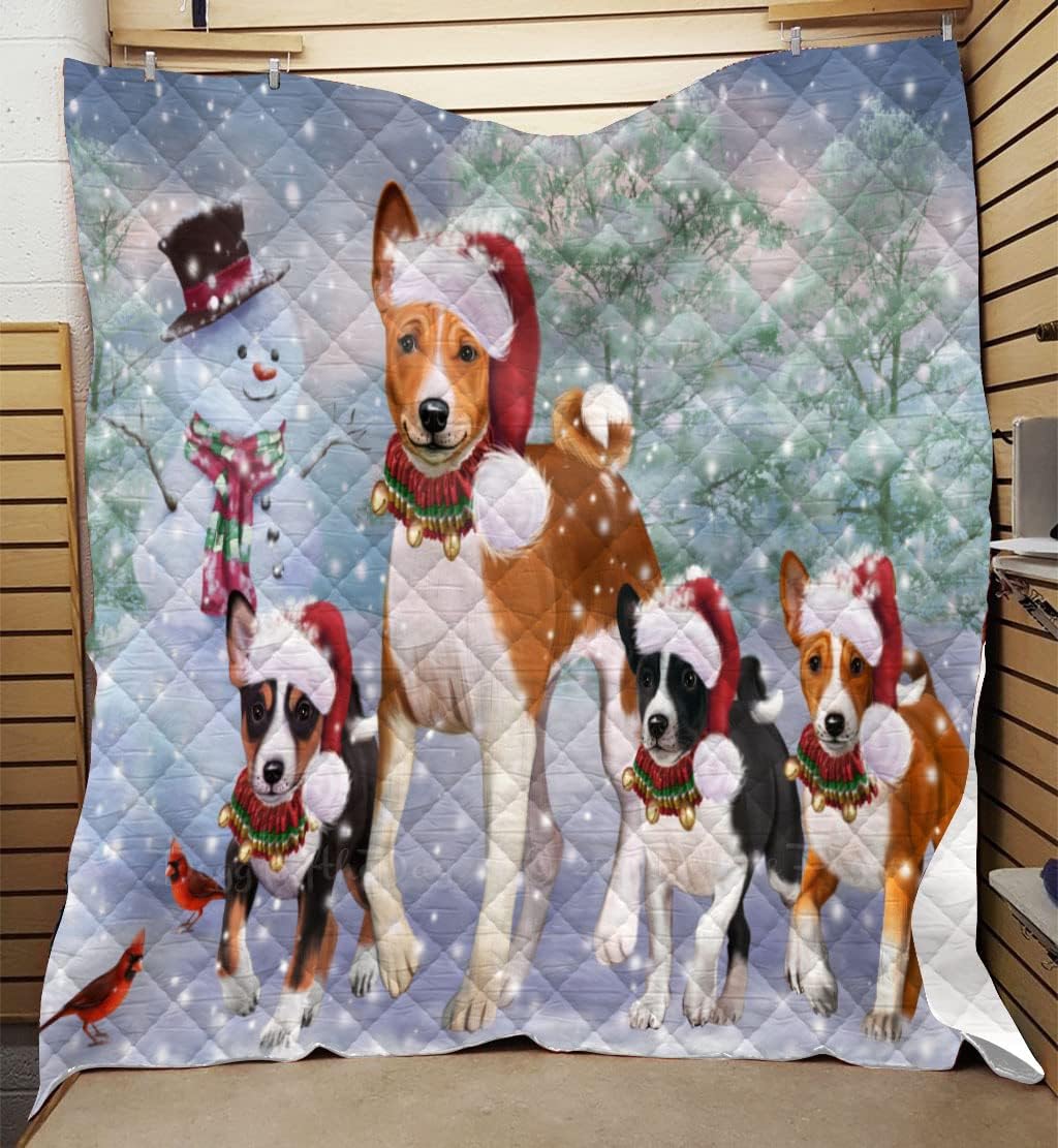 Christmas Running Fammily Basenji Dog Quilt Bed Coverlet Bedspread - Pets Comforter Unique One-Side Animal Printing - Soft Lightweight Durable Washable Polyester Quilt, 40"x50"