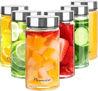 12oz Glass Juice & Water Bottles with Lids, 6-Pack Wide Mouth Borosilicate Glass Bottles– Reusable, Leakproof & Dishwasher Safe, for Smoothies, Juicing, Protein Shakes & Shaker Bottles (400ml)