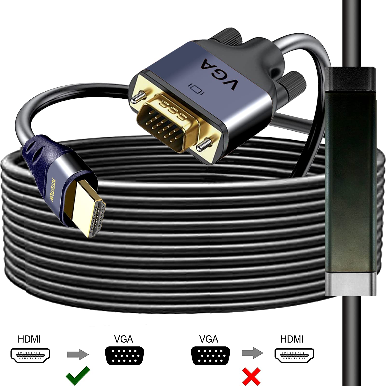 Câble HDMI vers VGA avec IC, HDMI vers VGA plaqué or compatible avec ordinateur, ordinateur de bureau, ordinateur portable, PC, moniteur, projecteur, HDTV, Raspberry Pi, Roku, Xbox et plus