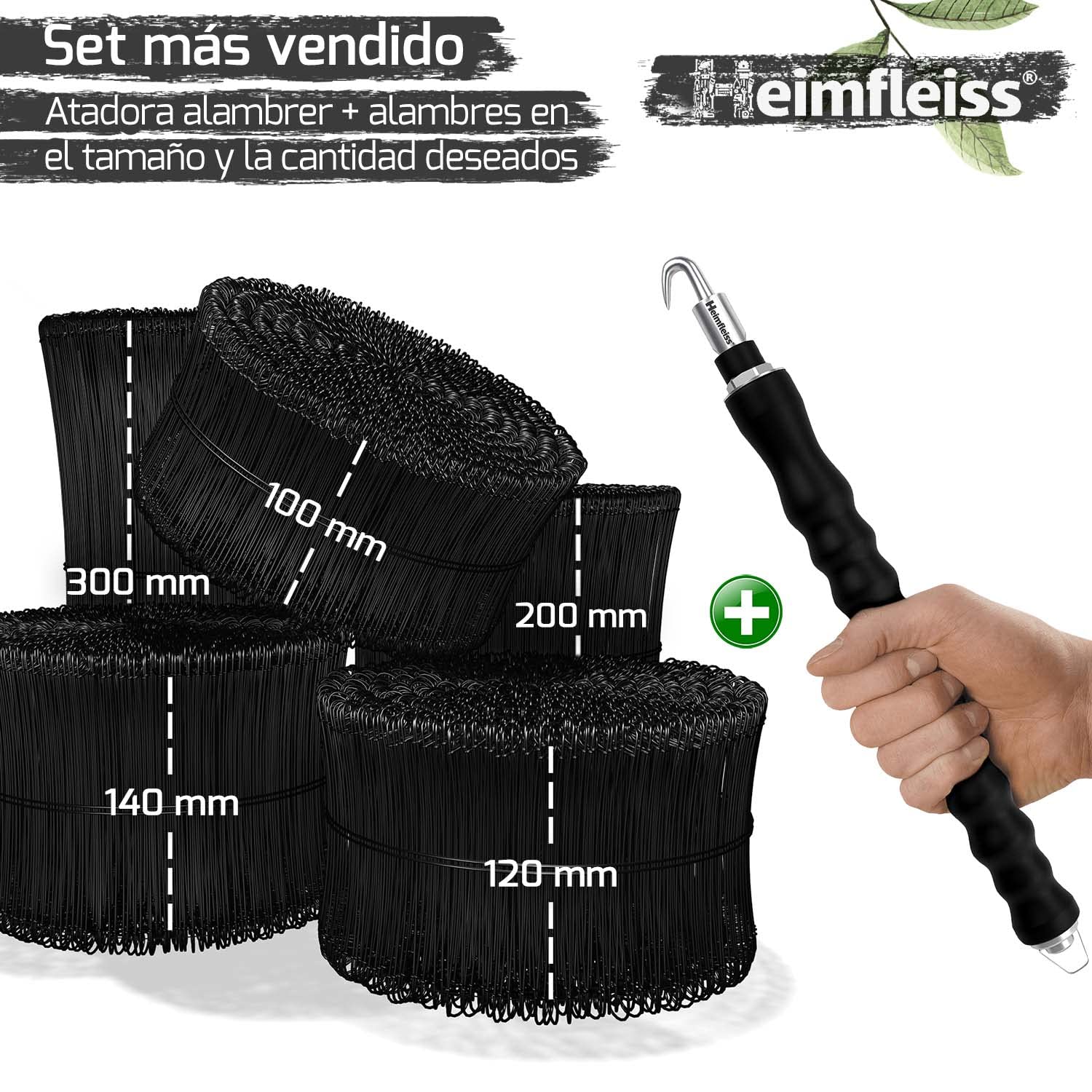 Heimfleiss® atadora Alambre + Alambre Revestido de PVC 1,4 x 100-300mm (1000 uds.) - Set trenzador Alambre, amarrador de Alambre y Alambre de sujeción - Atador Alambre, Alambre de torsión de Ojal