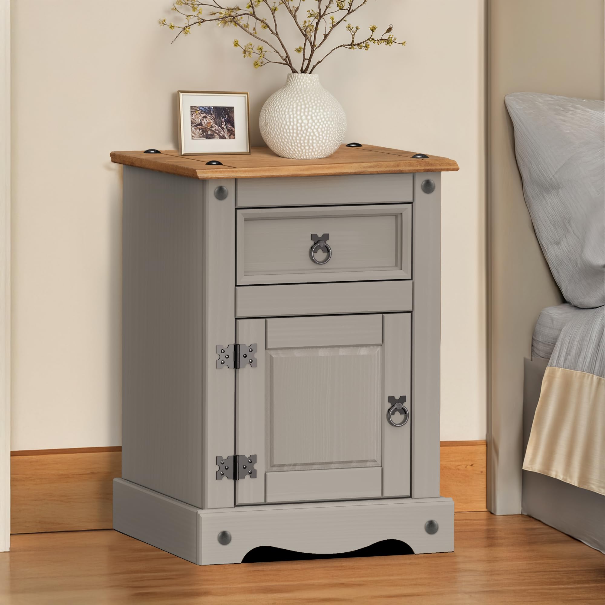 Mercers Furniture Trade Corona Grey Wax Medium Bedside Pot Cupboard 1 Door 1 Drawer Cabinet Solid Wood Pine Wooden Night Stand Side End Lamp Table Bedroom Storage 64cm High 45cm Wide 35cm Deep