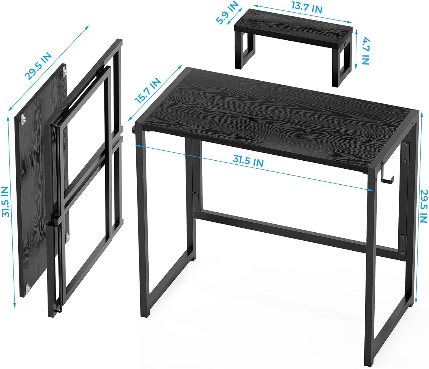 GreenForest Folding Desk with Monitor Stand, 31.5 Inch Foldable Computer Desk with Hook and Storage, Sturdy Small Space-Saving Writing Work Table for Home Office Dorm, Black
