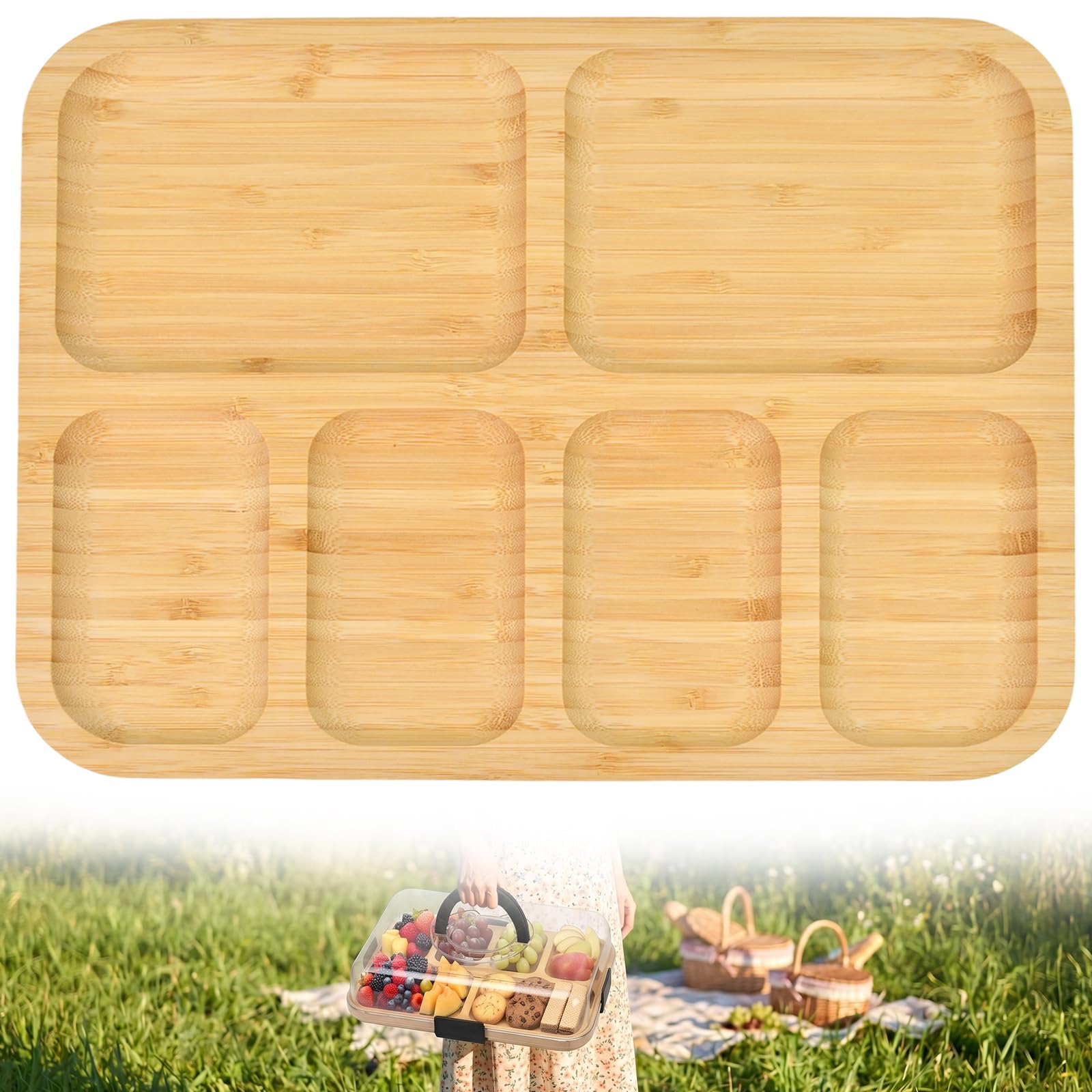 Charcuterie Board con coperchio, 36,7 cm, con manico, in bambù, con coperchio, vassoio da portata per formaggio, snack, antipasti, grande piatto per snack diviso, per picnic, feste, 2-4 persone