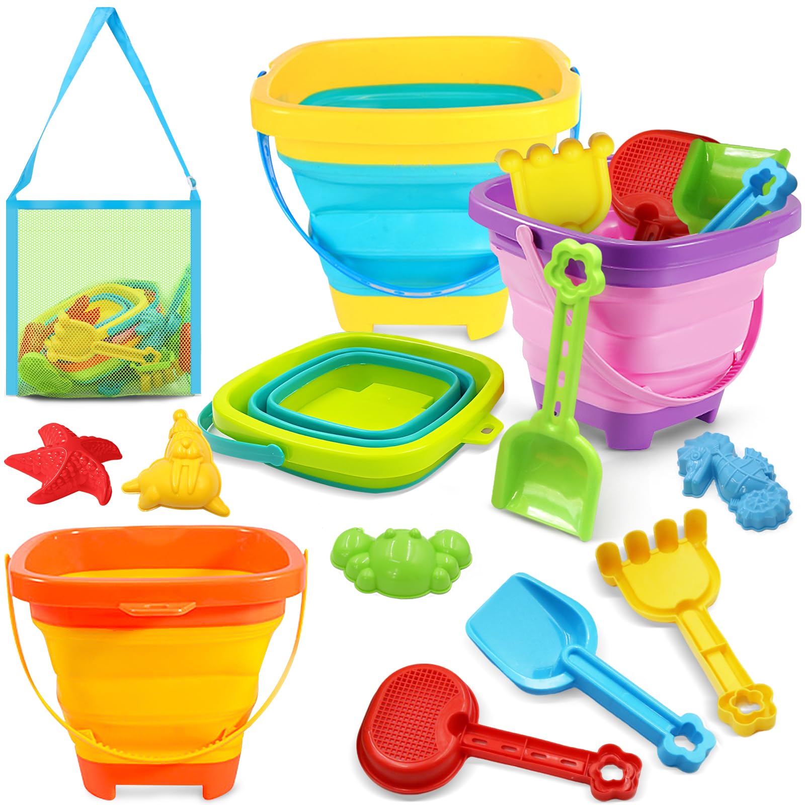 YZNlife Beach Toys for Kid Toddler, Sand Toys for Kid Toddler with 4 Collapsible Bucket,8PCS Shovel,4pcs Sand Pit Toy for Beach Summer Outdoor Activities,Travel Outdoor for Kids Boys Girls