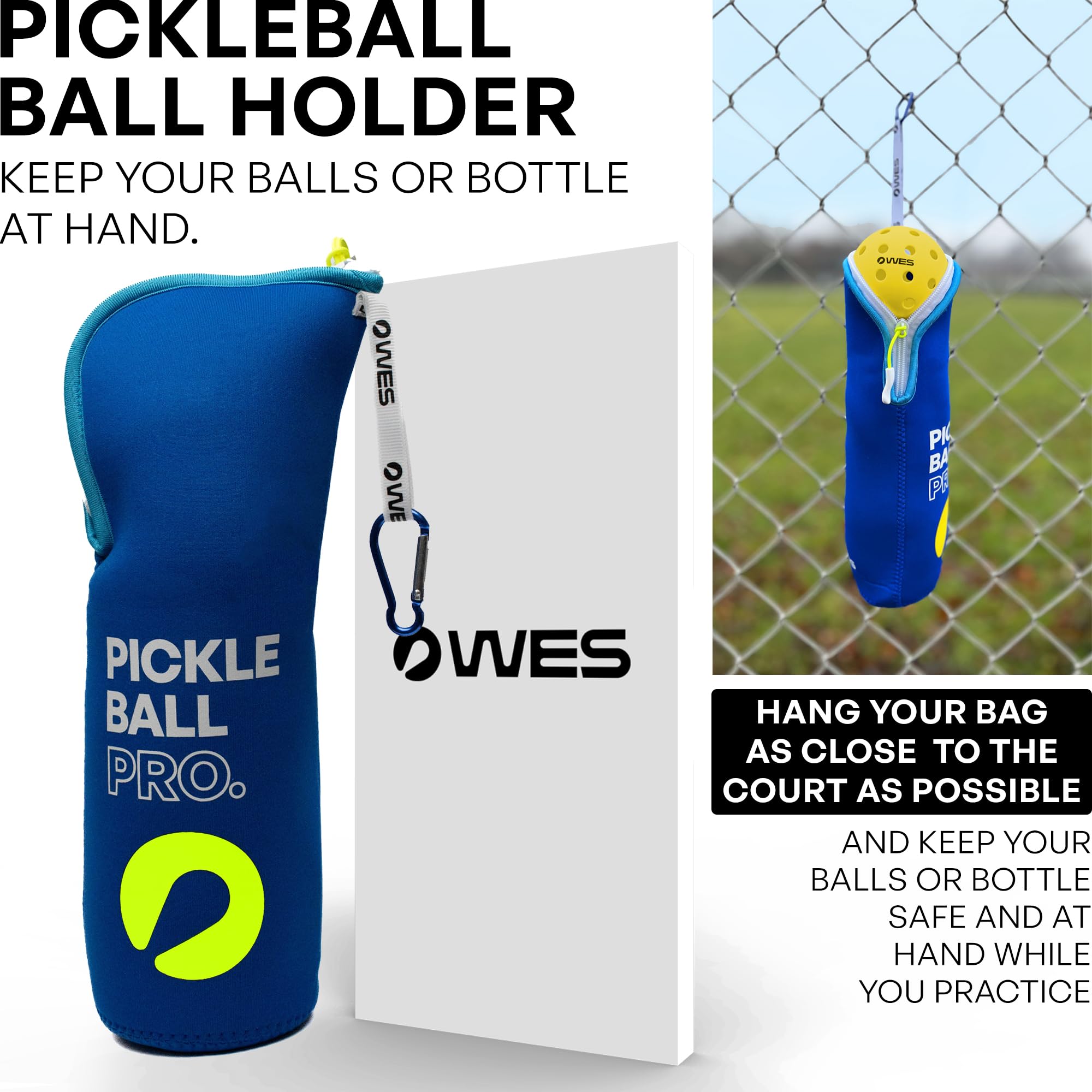 WES - Supporto a sfera da pickleball | Borsa a sfera da pickleball con gancio in metallo per recinzione e zaino, regali pickleball