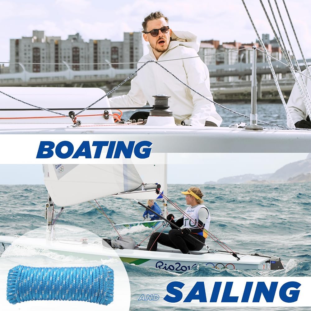 Diamond Braided Polypropylene Rope, 16-Strand Lightweight Floating Utility Rope for Camping, Marine, Flag Pole, Indoor and Outdoor Use (Light Blue, 1/4in X 65FT)