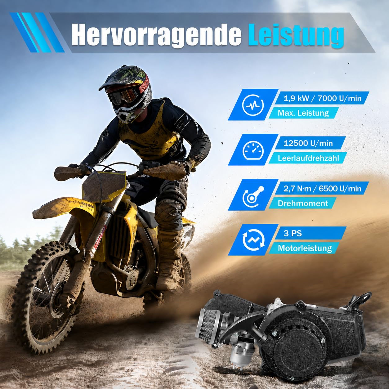 50ccm Motor 49ccm 2-Takt Pocket Bike Motor mit Vergaser, Mini Cross Engine ATV Quad Dirtbike Motoren Seilzugstart Einzelzylinder