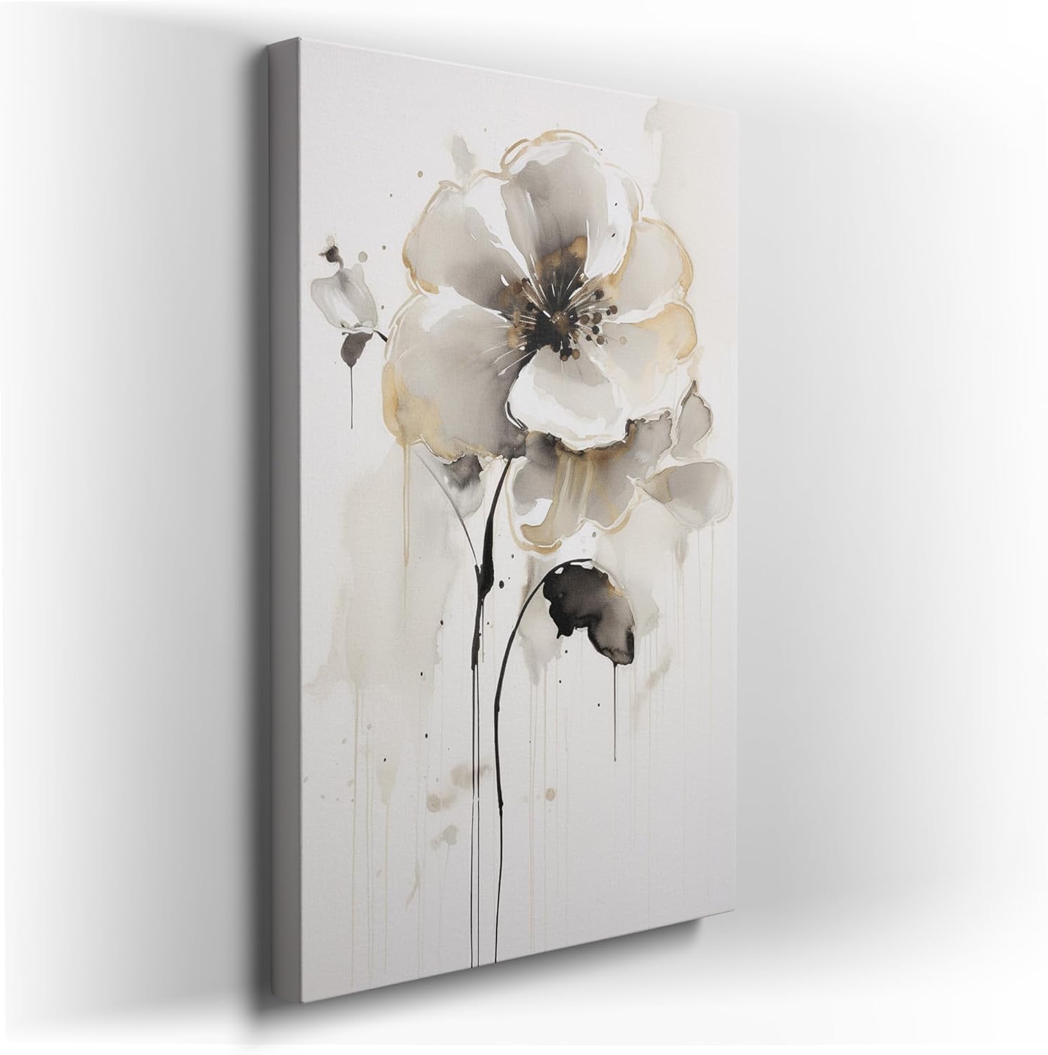 Canvas for Living room. Elegance in Contrast Monochromatic Florals with a Touch of Gold, 27 x 18 inch Canvas Wall Art - Ready to Hang