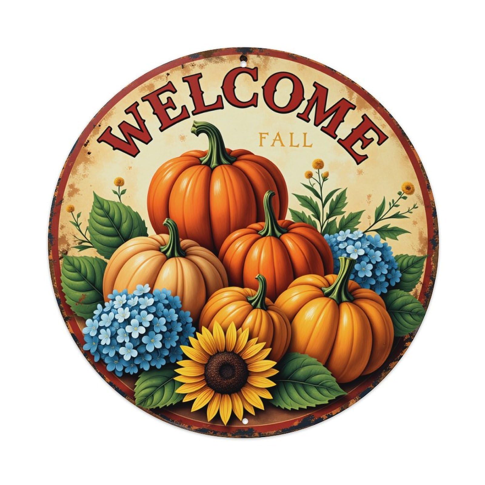 Welcome Fall Pumpkins Flowers Leaves Round Tin Sign Vintage Metal Sign Home Bar Garden Indoor & Outdoor Wall Decor Retro Metal Poster 8x8 Inch
