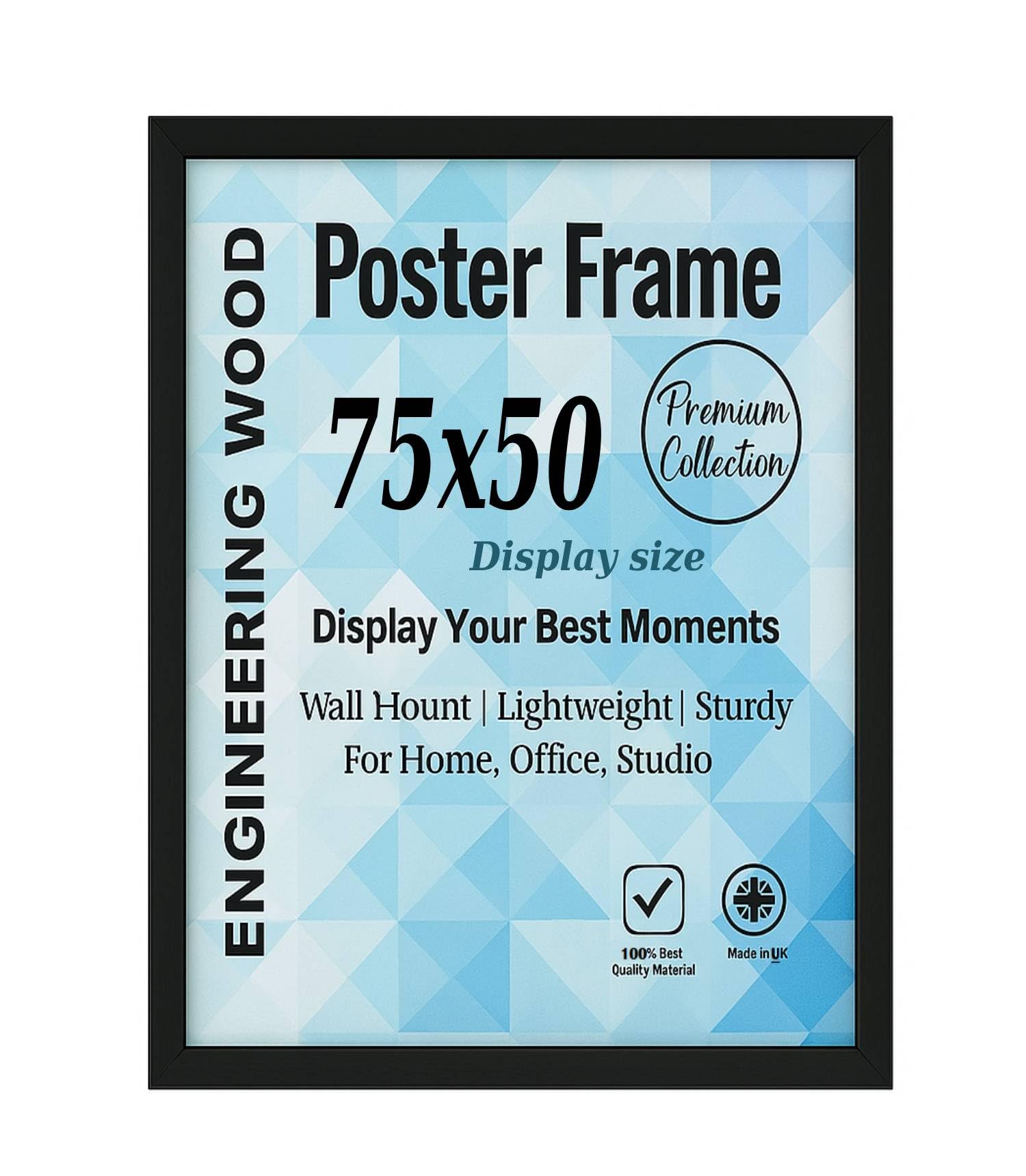 Modern Black Poster Frame 75x50 cm Size For Display MDF Wood Construction with Acrylic Glass - Picture Frame