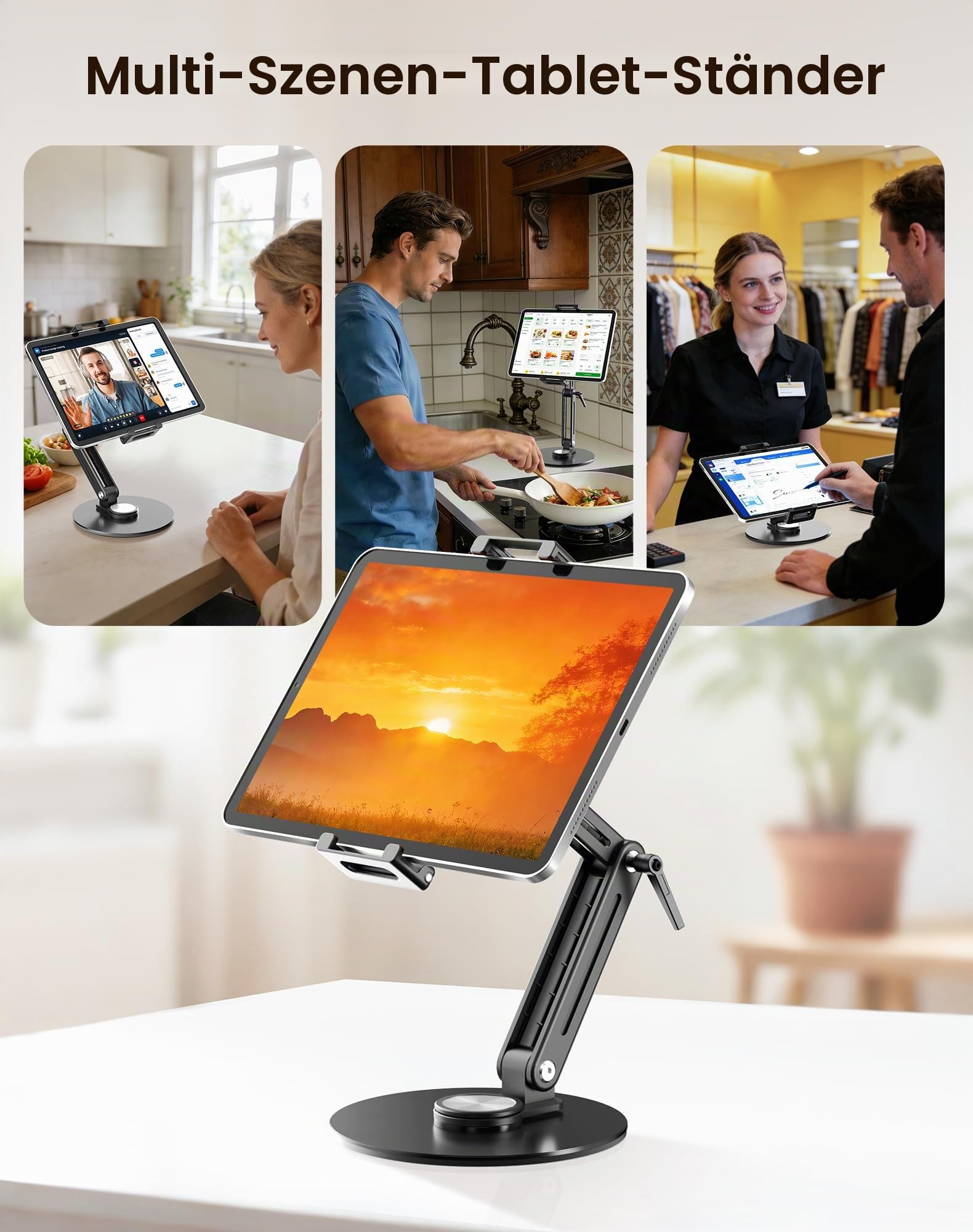 Portable Monitor Stand Tablet Halterung - Robuster Aluminium Ständer, 360° Drehbare Basis, 2 kg Tragfähigkeit, Klappbar Für 4,7-18,5 Zoll iPad, Tablet, Monitor, Küche & Reisen