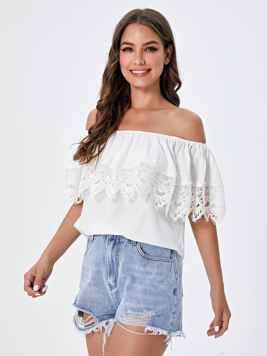 WDIRARA Women's Off The Shoulder Ruffle Trim Short Sleeve Lace Blouse Casual Tops - Image 3